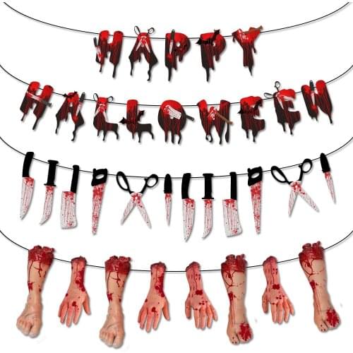Halloween Bloods Knives Cut Off Hand Feet Paper Banner Horro Ghost Hallowen Decor Happy Halloween Party Decor For Home DIY