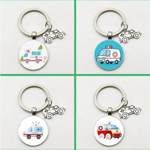 New Fashion Charm Keychain Ambulance Pendant Glass Convex Round Jewelry Cartoon Gift for Man Car Key Woman Bag Handmade