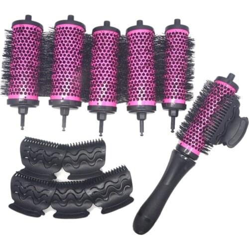 6pcs/set 3 Sizes Detachable Handle Hair Roller Brush with Positioning Clips Aluminum Ceramic Barrel Curler Comb Hairdresser