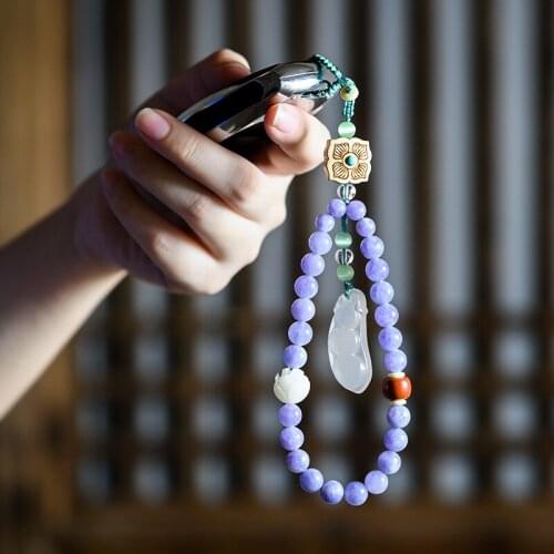 Handcrafts Lotus Mobile Phone Lanyard Short Car Keychain Chalcedony Bag Pendant Aquamarines Stone Beads Hanging Wrist Bracelet