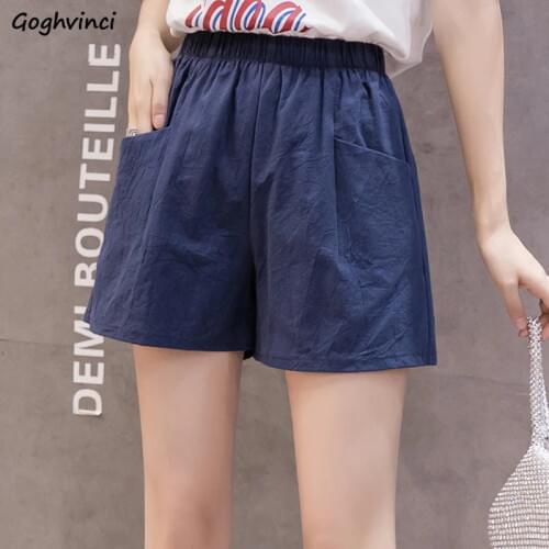 Shorts Women Elastic-waist Summer Solid Loose High Waisted Running Wide-leg Cotton Korean Style Students Casual Trendy Simple