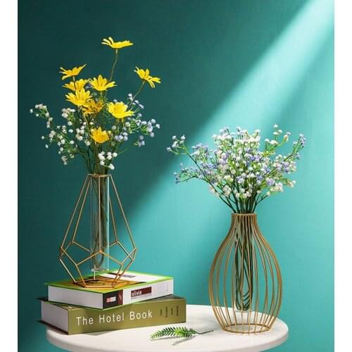 Nordic Iron Golden Geometric Glass Vase Home Living Room Decoration Ornament Hydroponic Flower Plant Vase Office Desktop Decor