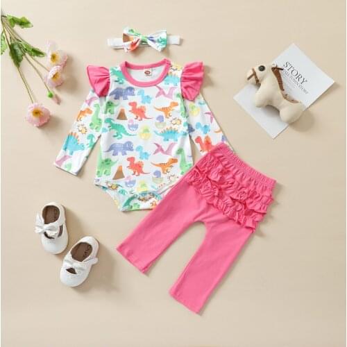 Spring Fall Baby Girls Clothes Set Dinosaur Printed Pattern Long Sleeve Romper Solid Color Lacy Pants Headdress 3pcs Suit