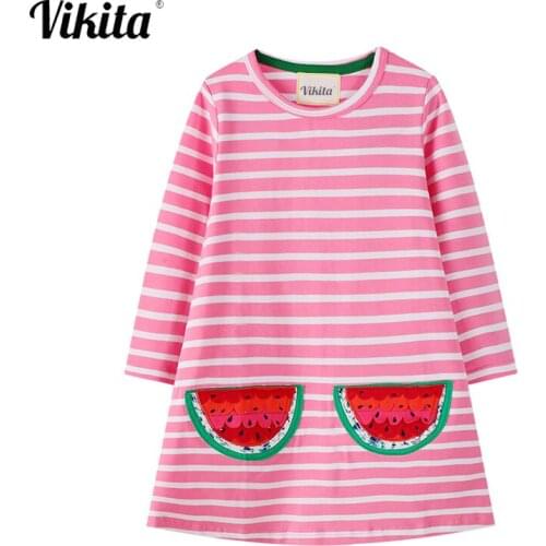VIKITA Girls Striped Clothing Girls Cartoon Vestidos Autumn Princess Cotton Kids Girls Clothes Children Clothes Dresses