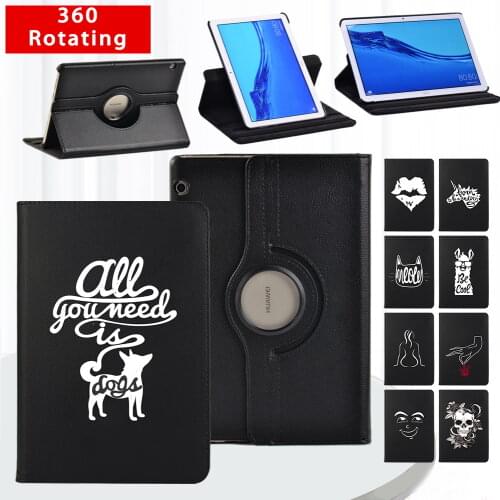 Tablet 360 Rotating Case for Huawei MediaPad T3 10 9.6/T5 10 10.1 Anti-fall White Picture Leather Stand Cover Case + Free Stylus
