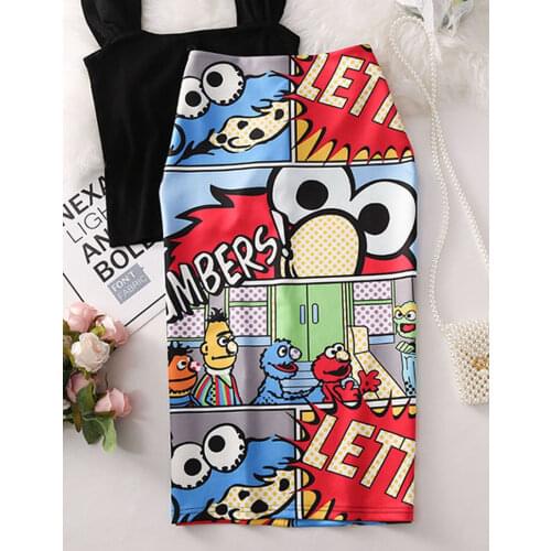 Womens high waist slim cartoon letter print bag hip bodycon Tube skirt summer knee high elastic pencil skirts Falda WA526