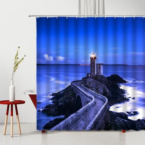 Shower Curtain Pier Landscape Lighthouse Sea 3D Printing Machine Washable Background Wall Bathroom Partition Curtains With Hooks