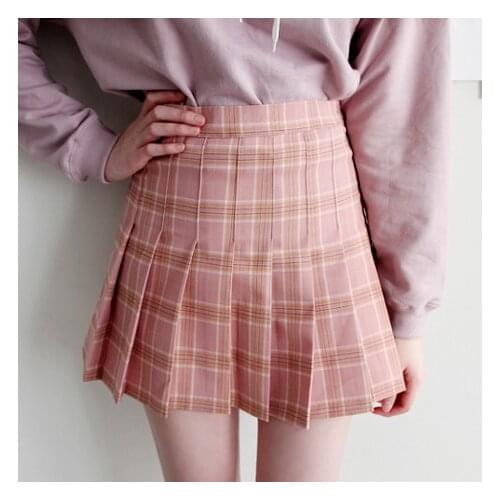 Pleated Skirt Women Summer 2019 Korean Style Preppy High Waist A Line Plaid Mini Skirt Pink Blue Gray faldas largas B176