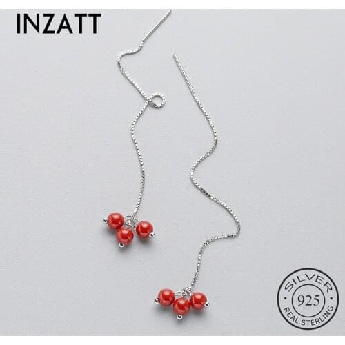 INZATT Romantic Long Metal Chain Tassel Red Bead Dangle Drop Earrings For Women Wedding Fashion 925 Sterling Silver Fine Jewelry