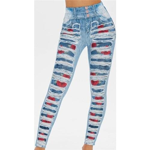 Women 3D Jean Print Leggings Long Pants High Waist Fitness Pants Elastic Waist Skinny Fashion Casual Pants Trousers