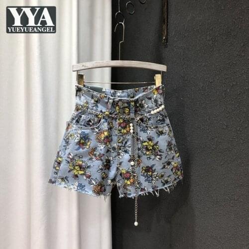 Summer Fashion Women Floral Printed Denim Shorts High Waist Chain Pearls Belted Wide Leg Jeans Female Casual Slim Fit Streetwear