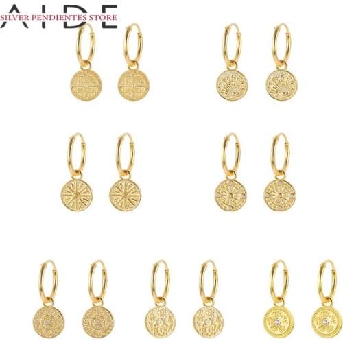 AIDE 10mm Round Hoops Earrings Women Bohemia Pendientes 925 Sterling Silver Disc Pendant Earrings Jewelry Boucle D’oreille