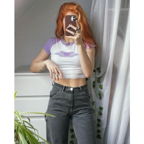 2021 Summer New Fashion Womens Round Neck Crop Tops,Short Sleeve Heart Flame Print Slim Fit Raglan T-Shirts