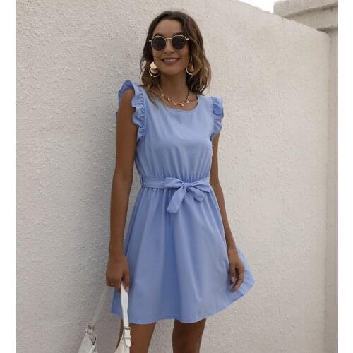 Women Summer Solid Color Bandage Ruffles A-Line Dresses Robe Femme O-Neck Sleeveless Slim Y2K Dress For Woman Vestido De Mujer
