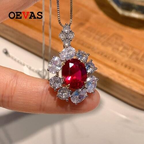 OEVAS 100% 925 Sterling Silver Ruby High Carbon Diamond Pendant Necklace For Women Sparkling Wedding Party Fine Jewelry Gift