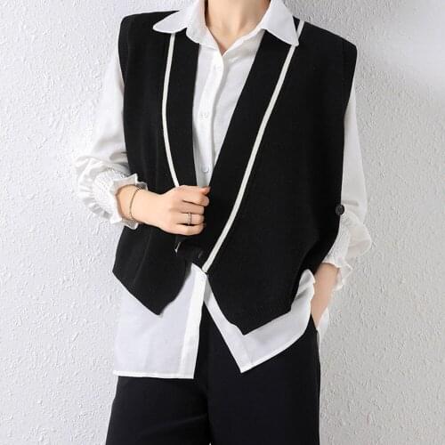 Women Vest Simple All-match Patchwork Retro classic V-neck Knitted Sweater Leisure Student Sleeveless Female Vintage Vest