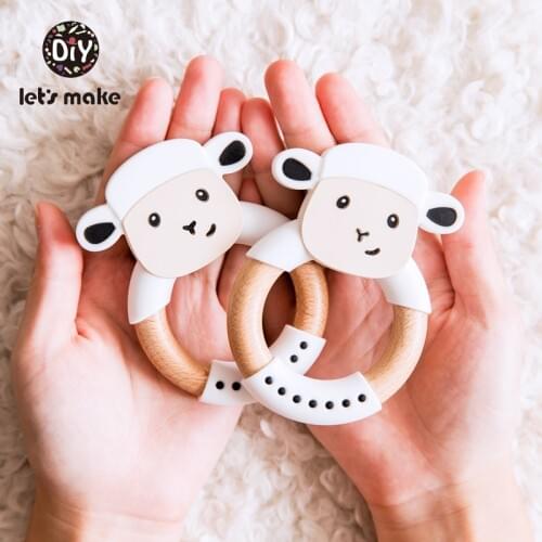 Lets Make Wooden Ring Baby Teether Animals Teething Ring Rabbit Sheep Elephant BPA Free 1PC 60mm Teething Toys Silicone Teether