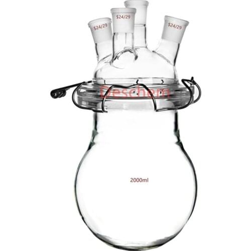 2000ml 24/29 Glass Reactor 4-Neck 2 LItre Reaction Kettle W/ Four Necks Lid & Clamp