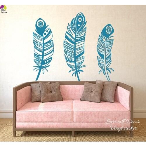 Boho Feathers set of 3 Wall Sticker Sofa Bedroom Kids Room Bohemian Hanging Plume Dream Catcher Decal Living Room Vinyl Decor