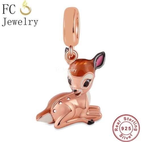 FC Jewelry Fit Original Charm Bracelet 925 Silver Rose Gold Bambi The Deer Elk Bead For Making Women Christmas Berloque 2021 New