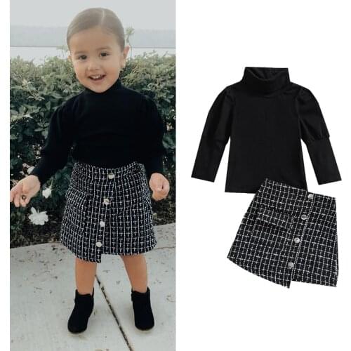 FOCUSNORM Fashion Autumn Kids Girls 2pcs Clothes Sets Solid Turtleneck Long Sleeve Pullover Tops+Plaid Button A-Line Skirts 0-4Y