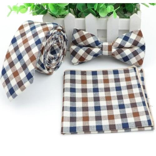 Cotton Tie Set Mens Designer Skinny Plaid Necktie Bowtie Pocket Square Suit Ties Butterfly Handkerchief Lots