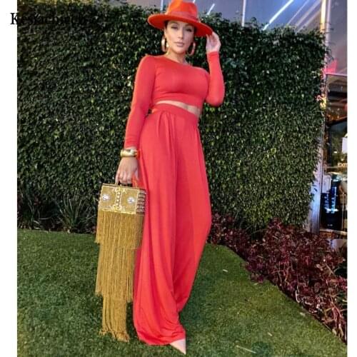 Kesiachiccly Long Sleeve Casual 2 Piece Set Women Spring Summer Solid O Neck Matching Set Crop Top Long Pants Lady Office Set