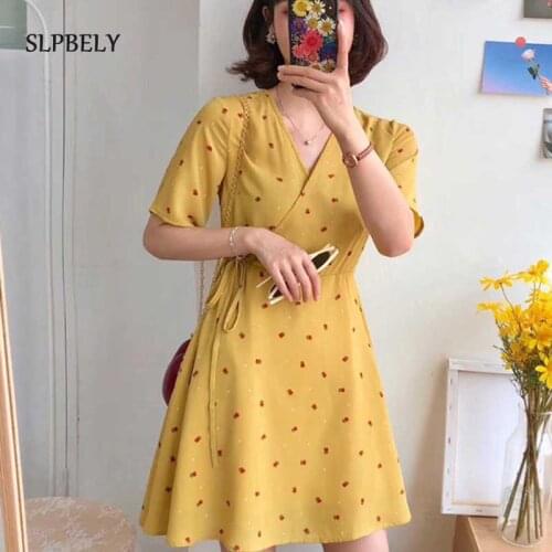 SLPBELY Summer Mini Dress For Women Sweet Flower Dot Printed V Neck Dress Female Lace-up A-Line Dress Robe Vestido Sundress New