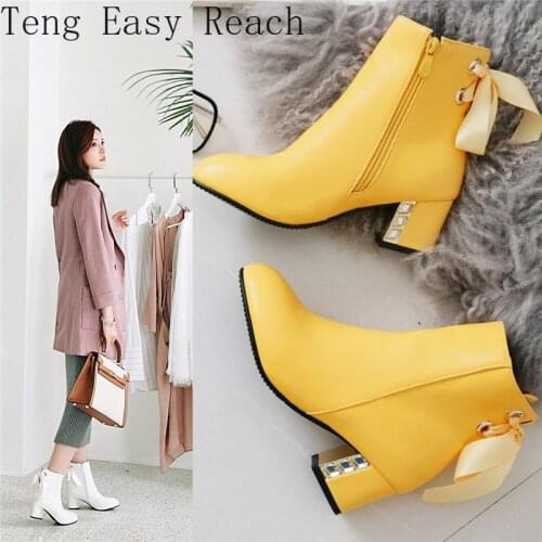 Fashion White Yellow Womens Boots Ankle Cross Strap Riband Autumn Winter Block High Heels Party Wedding Shoes Booties 41 42 43