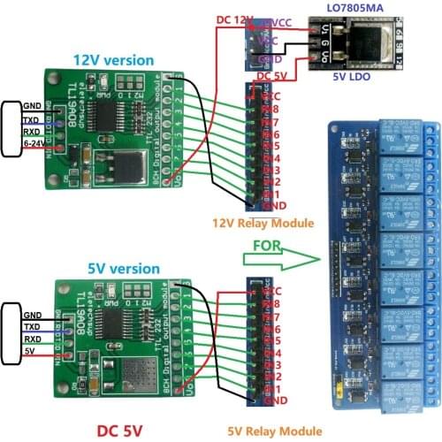5pcs Modbus Rtu AT Command 8ch TTL232 UART IO Output Module for Relay PLC Breadboard
