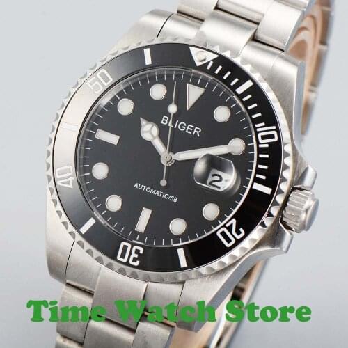 40mm Bliger Miyota 8215 Automatic mens watch black dial super luminous date magnifier sapphire glass ceramic bezel waterproof