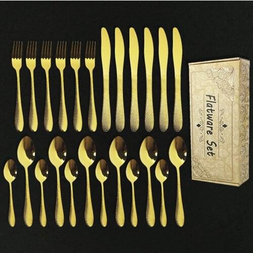 24Pcs Gold Dinnerware Set Luxury Cutlery Set 304 Stainless Steel Dinner Set Fork Knife Spoon Tableware Silverware Gift Box
