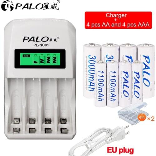 PALO 1.2V NI-MH AA 3000mAh rechargeable batteries+AAA 1100mAh rechargeable batteries with Smart Charger for aa aaa batteries