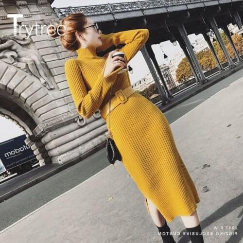 Trytree 2020 Autumn Winter Women Casual Dress Turtleneck Solid Knitting Temperament Fashion Elegant Split hem Office Lady Dress