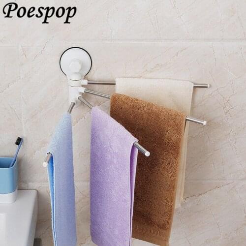 POSEPOP Bath Towel Support Waterproof 180 Degree Rotation 4 Rods Powerful Suction Stainless Steel Towel Rack Organizer