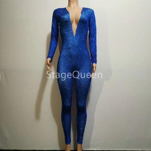 Sexy Stage Blue Splice Suit Pattern Jumpsuit Female Singer Sexy Stage Outfit Bodysuit Dance Costume Glisten Stretch Rompers