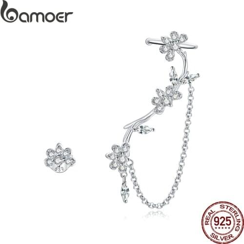 Bamoer Silver Blossoming Flowers Earring 925 Sterling Silver Asymmetric Clear CZ Earring for Women Wedding Trendy Jewelry BSE476