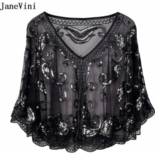 JaneVini 2020 Sparkling Sequined Bridal Bolero Shawls and Wraps V Neck Beaded Short Cape Cloak Summer Women Wedding Accessories
