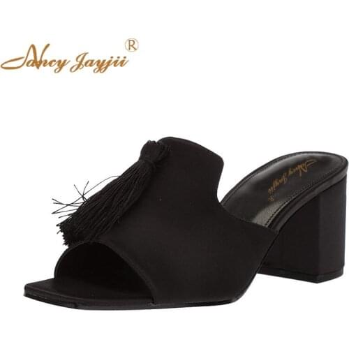 Woman Shoes Adult Slippers Black Solid Fringe Super High Square heels Indoor&Outside Spring/Autumn Fashion Leisure Classic