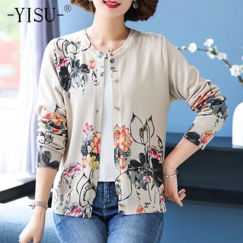 YISU Women Spring Autumn Sweater Single breasted Cardigan O-Neck Female Casual Knitted Cardigan Peony Printing Women clothing