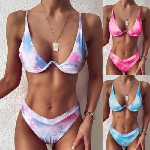 Womens Super Sexy Plus Size Tie-Dye High Waist V-Twin Split Swimsuit Beach Swim Bikini Set Fast Shipping