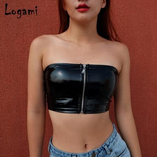 LOGAMI PU Sleeveless Off Shoulder Sexy Tube Top Solid Women Summer Tube Top Black