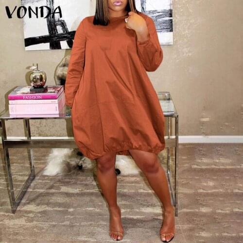 S-5XL Women Dress Summer Long Sleeve Solid Mini Dresses VONDA 2021 Ladies Casual Round Neck Bohemian Vestidos Beach Sundress