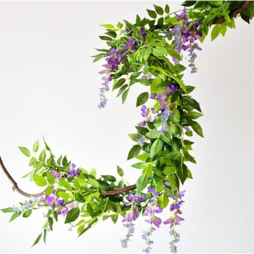 2M Wisteria Artificial Flowers Vine Garland Wedding Arch Decoration Ivy Wreaths Fake Plants Foliage Rattan Faux Flowers Ivy Wall