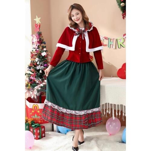 4 Pieces Red Velvet Long Sleeves Cloak Top & Green Skirt Sexy Christmas Outfit Xmas Fancy Dress Chic Women Cosplay Santa Costume