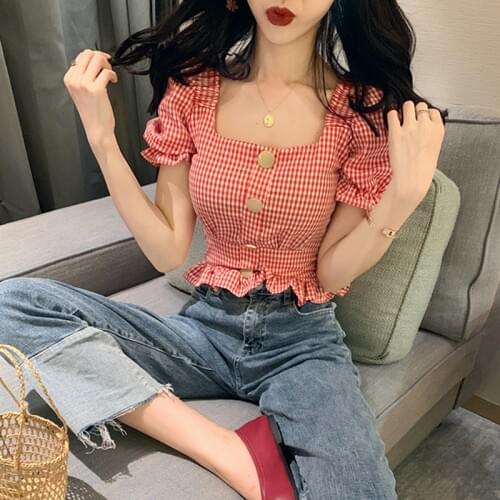 Vintage Plaid Crop Blouse Women Summer Square Collar Puff Sleeve Button ladies Tops Plus Size Blouses Shirts chemisier femme
