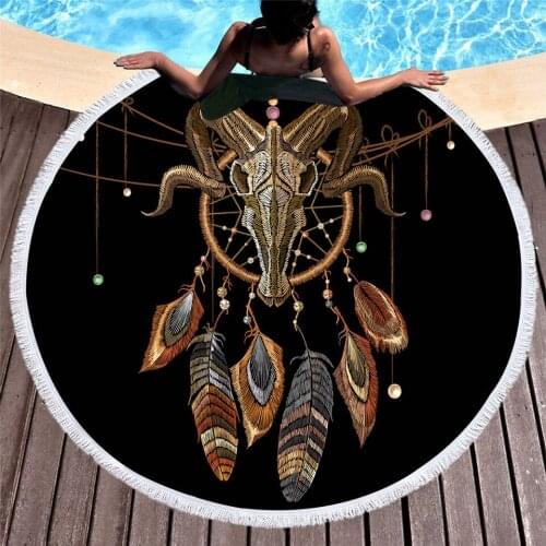 Black Indian Sheep Horn Beach Towels Microfiber Beach Towel for Adult Household Bath Towel Outdoor Portable Round Beach Towel