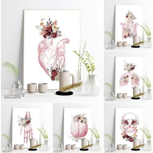 Flowers Skulls Modern Minimalist Poster Sketch Skeleton Illustration Wall Picture Human Anatomy Education Living Room Home Decor