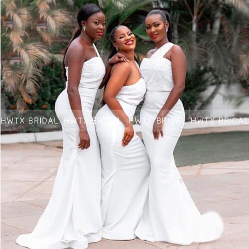 Elegant White Mermaid Bridesmaid Dresses One Shoulder Lace Satin African Women Long Maid Of Honor Dress Wedding Party Gown