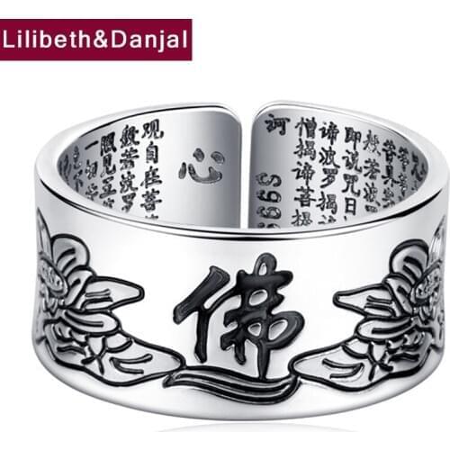 2019 Buddha Mantra Scripture Lotus Adjustable Rings 100% Real S999 Sterling Silver Indian jewelry for Men Women Opening Ring R01